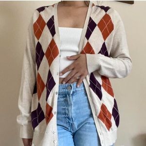Lands End Cream Argyle Cardigan